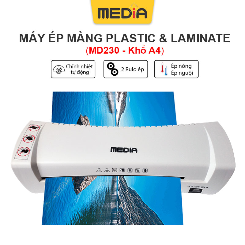 Máy Ép Màng Nhựa Plastic Media MD230 Khổ A4, Tự Động Điều Chỉnh Nhiệt Độ, Tính Năng Chống Kẹt Giấy, Nhỏ Gọn Thích Hợp Dùng Cho Văn Phòng Hoặc Gia Đình - Hàng Chính Hãng