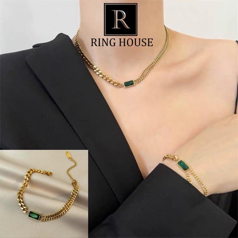 Dây Chuyền Vòng Cổ Nữ Titan Không Gỉ Đá Xanh Sang Trọng Ring House Mệnh Mộc