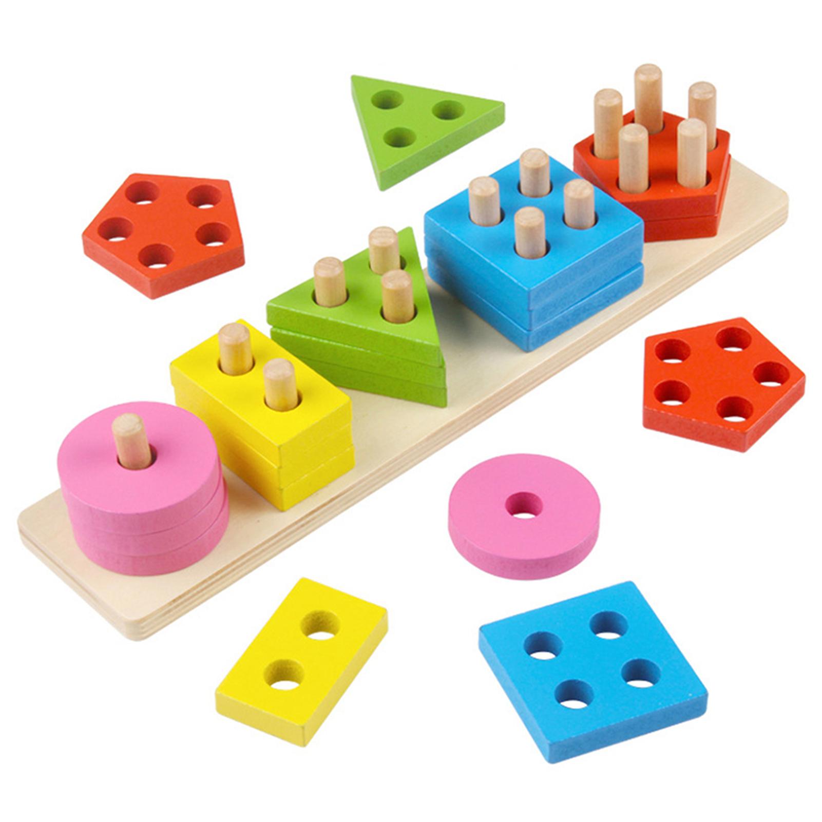Wooden Geometric Column Toy Shape Color Sorting Blocks Early Educational Learning Tool for Kids Toddlers Preschoolers