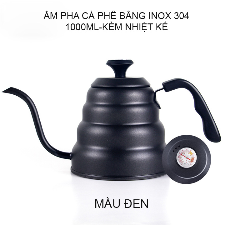 Bình pha cà phê cổ ngỗng loại 1000ml nắp có nhiệt kế, bằng Inox 304 cao cấp