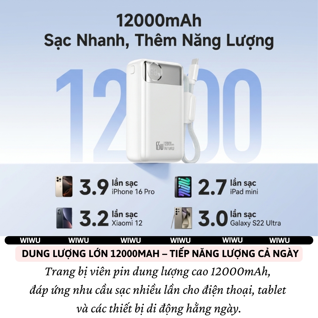 Pin sạc dự phòng PD 3..0 sạc nhanh 65W 12.000mAhtích hợp dây sạc Type C WIWU POWER PLUS Cho iPhone Laptop Macbook iPad - Màn hình hiển thị pin kỹ thuật số, Hệ thống bảo vệ đa tầng an toàn - Hàng nhập khẩu
