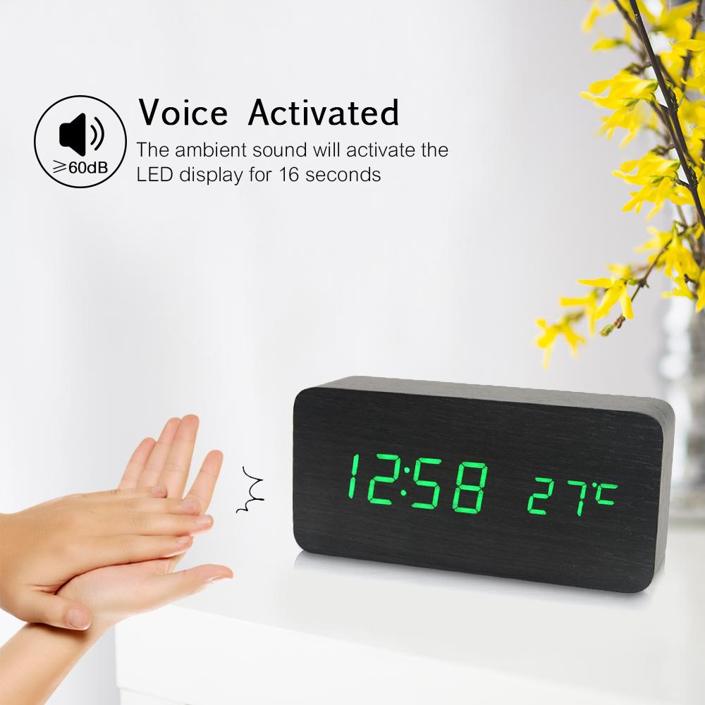 Đồng hồ báo thức kỹ thuật số bằng gỗ,màn hình LED, 3 chế độ hiển thị, điều khiển bằng giọng nói