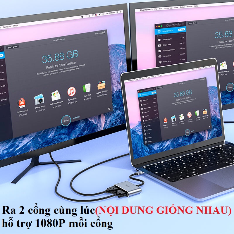 [C ra HDMI +VGA] Hub / Bộ chia cổng Type-C đa năng cho laptop, điện thoại HOCO HB29 - Hàng chính hãng