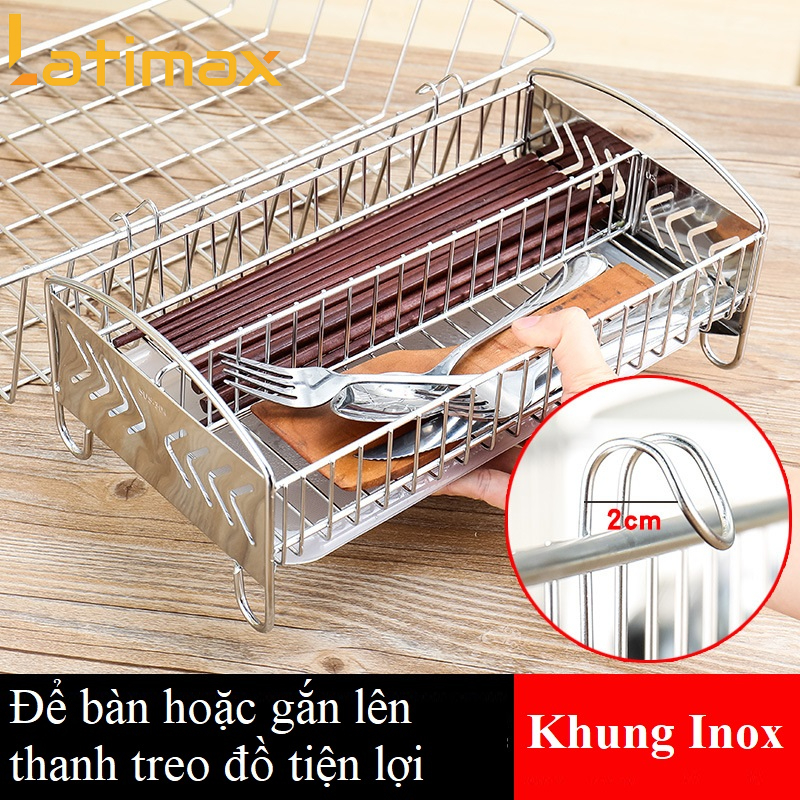 Khay Đựng Đũa Muỗng Thìa Dĩa và Dụng cụ nhà bếp 2 ngăn Inox 304 Cao Cấp - Có Móc Treo và Khay hứng nước Tiện Lợi