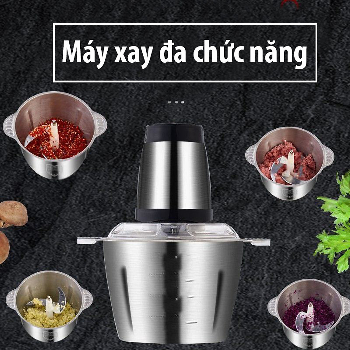 Máy Xay Thịt Cá Đa Năng Cối Inox 304 4 Lưỡi Cao Cấp, Công suất 250W - Nghiền Tỏi Ớt Rau Củ - Hàng Loại 1- Chính Hãng MINIIN