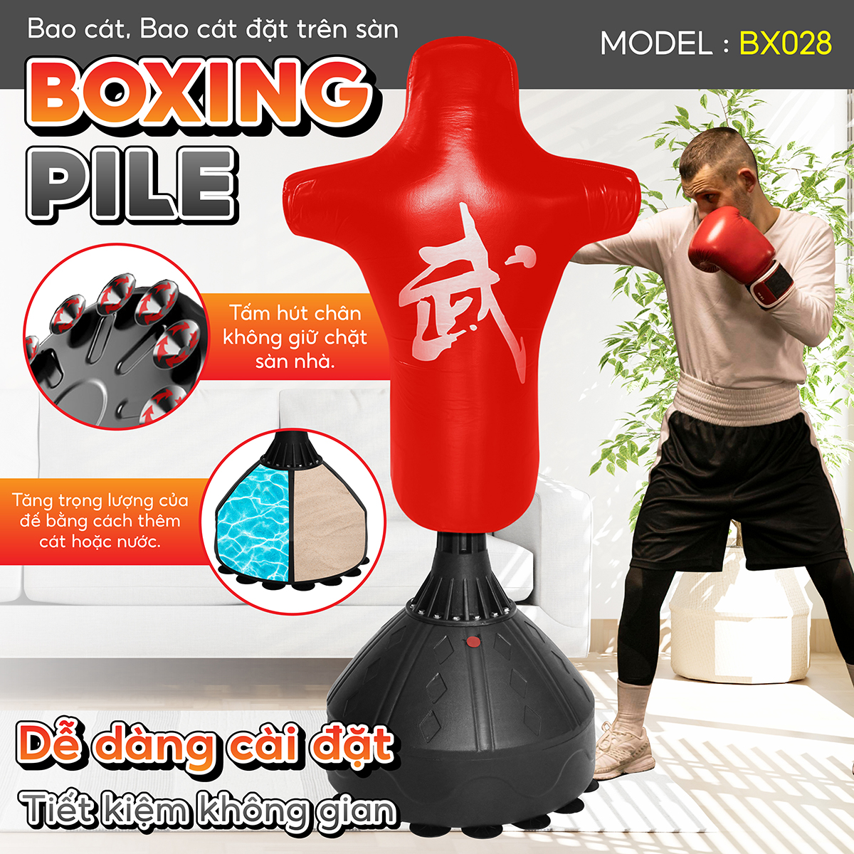 BG Trụ Đấm Bốc BG028 Tự Cân Bằng Cao Cấp BOXING PILE, Bao Cát Đấm Bốc Võ Thuật,Trụ Hơi Đấm Bốc Phản Xạ