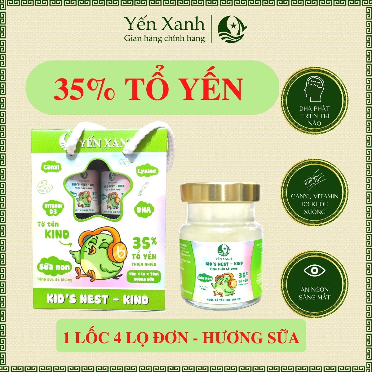 35% tổ yến - Nước tổ yến sào chưng dành cho trẻ em Kid's nest sữa non KIND - Yến Xanh hương sữa - Lốc 4 lọ x 70ml