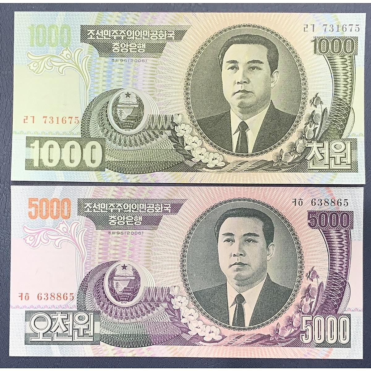 Combo 2 tờ  xưa Bắc Triều Tiên 1000 5000 Won sưu tầm , - Mới 100% UNC , châu Á, sưu tầm