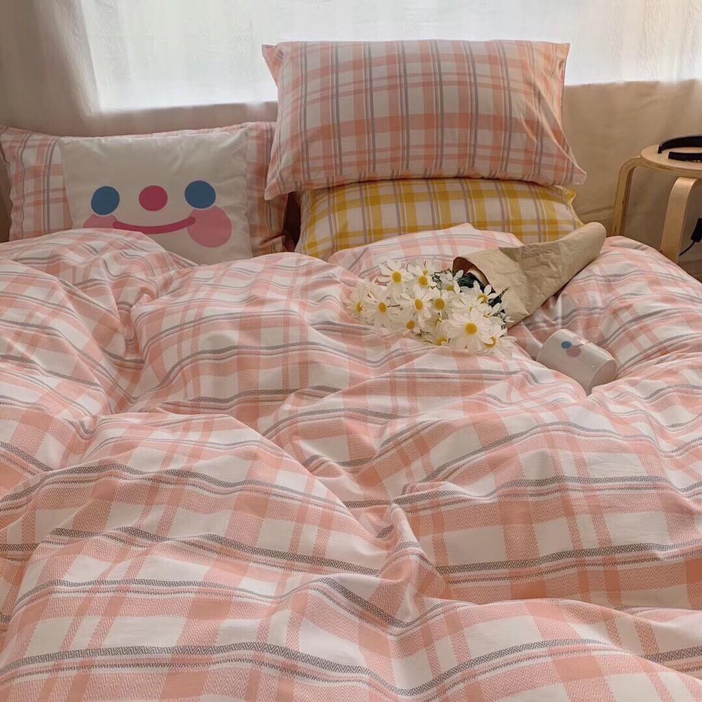 Bộ chăn ga gối Cotton Poly M2T bedding kẻ hồng ga hồng, vỏ chăn mền, drap giường và 2 vỏ gối