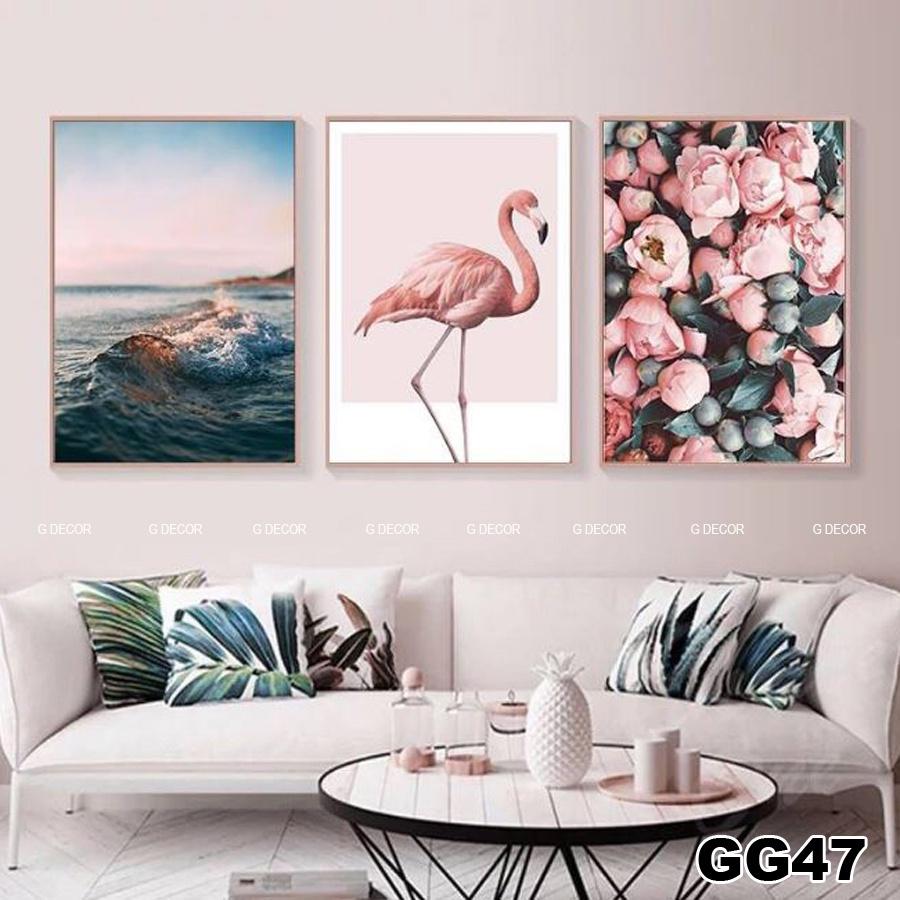 Tranh treo tường canvas 3 bức phong cách hiện đại Bắc Âu 158, tranh chim trang trí phòng khách, phòng ngủ, phòng ăn spa