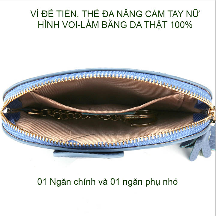 Ví nữ bằng da thật 100% cầm tay, hình voi, để tiền, thẻ và đồ cá nhân đa năng