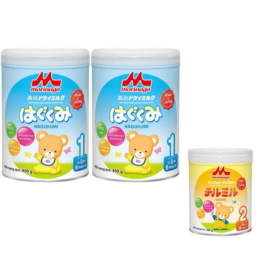 Combo 2 lon Sữa Morinaga Số 1 Hagukumi 850gr + 1 lon Sữa Số 2 Chilmil 320g