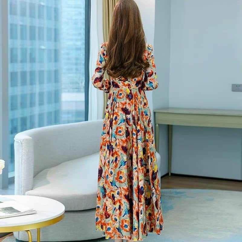 HÀNG NHẬP - ĐẦM MAXI VOAN HOA CỔ V TAY DÀI