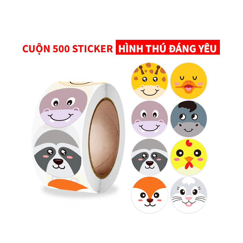 Sticker dán sổ họa tiết hình thú đáng yêu, Cuộn 500 sticker khen thưởng khiến giờ học của bé thêm sinh động – SST016