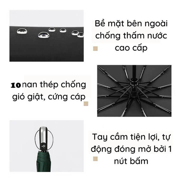 Ô bấm tự động gấp gọn đóng mở 2 chiều chống tia UV, Ô dù che mưa che nắng 10 nan cầm tay cao cấp - 10NAN