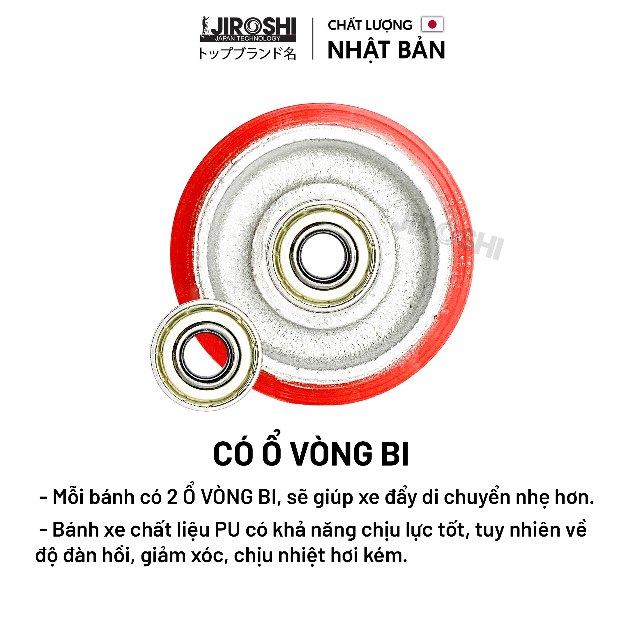 Bánh xe đẩy hàng tải trọng lớn chống ồn PU cốt Gang JIROSHI Nhật Bản, Bánh xe đẩy hàng êm chịu lực cao cấp.