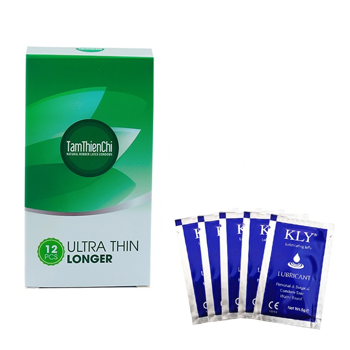 Bao cao su Tâm Thiện Chí siêu mỏng kéo dài Ultrathin Longer hộp 12 chiếc và 5 gói gel bôi trơn gốc nước KLY 5ml