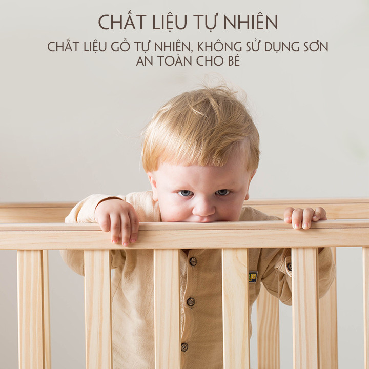 Giường cũi kéo dài cho bé kèm nệm xơ dừa, quây cũi hoàng gia, gối đầu, màn cũi. Tặng kèm bộ treo nôi cũi phát nhạc