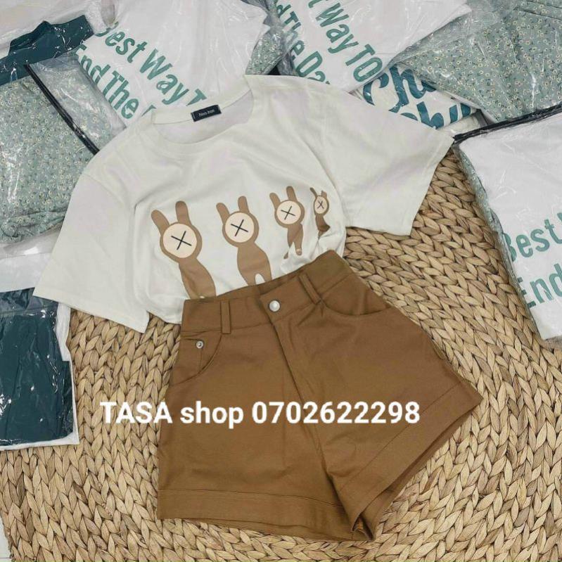 TBO-Set bộ áo trắng họa tiết kèm quần đùi nâu dễ thương cho nàng đi chơi dạo phố TASA