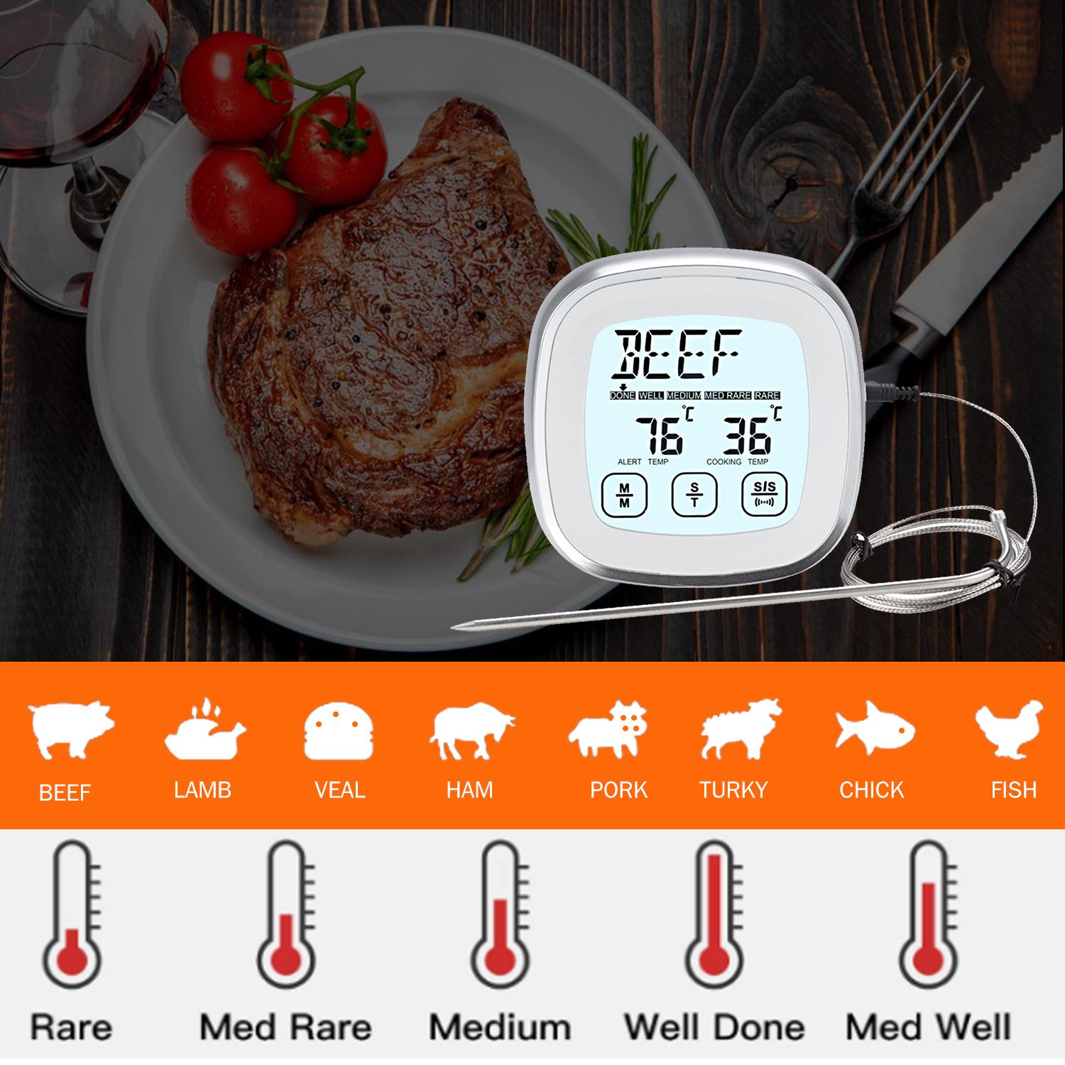 Digital Meat Thermometer for Oven BBQ Grill Kitchen Food Smoker Cooking Backlight Touchscree with Timer Alarm and A