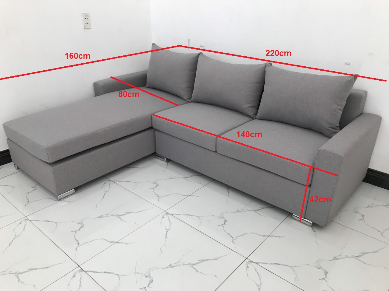 Bộ ghế sofa góc L phòng khách xám ghi trắng nhiều kích cỡ