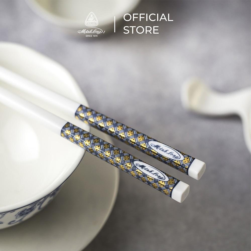 Bộ 02 đôi đũa sứ dưỡng sinh Minh Long 24.4 cm - Xanh - Trang trí vàng - Họa tiết 3 - Hàng Chính Hãng