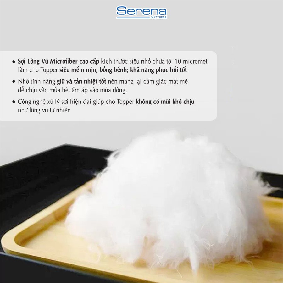Nệm Topper dầy 10cm lông vũ Microfiber SERENA cao cấp - tấm chăn lót đệm niệm topper toper nệm lông vũ trải sàn giường ngủ khách sạn dày 1m2 1m4 1m6 1m8 chính hãng