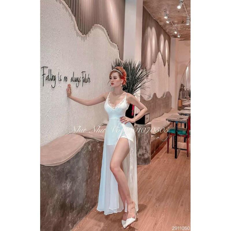 Đầm xòe 2 dây cổ viền ren