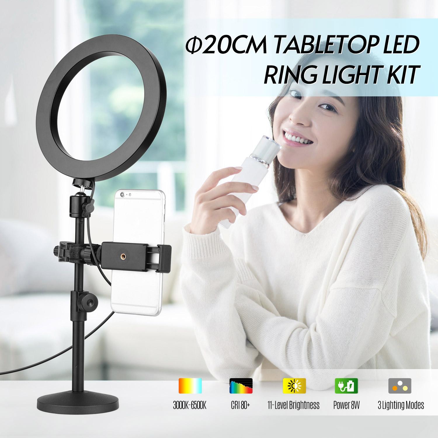 Bộ đèn LED vòng để bàn có thể thay đổi độ sáng 20cm hai màu với đầu bóng nhỏ