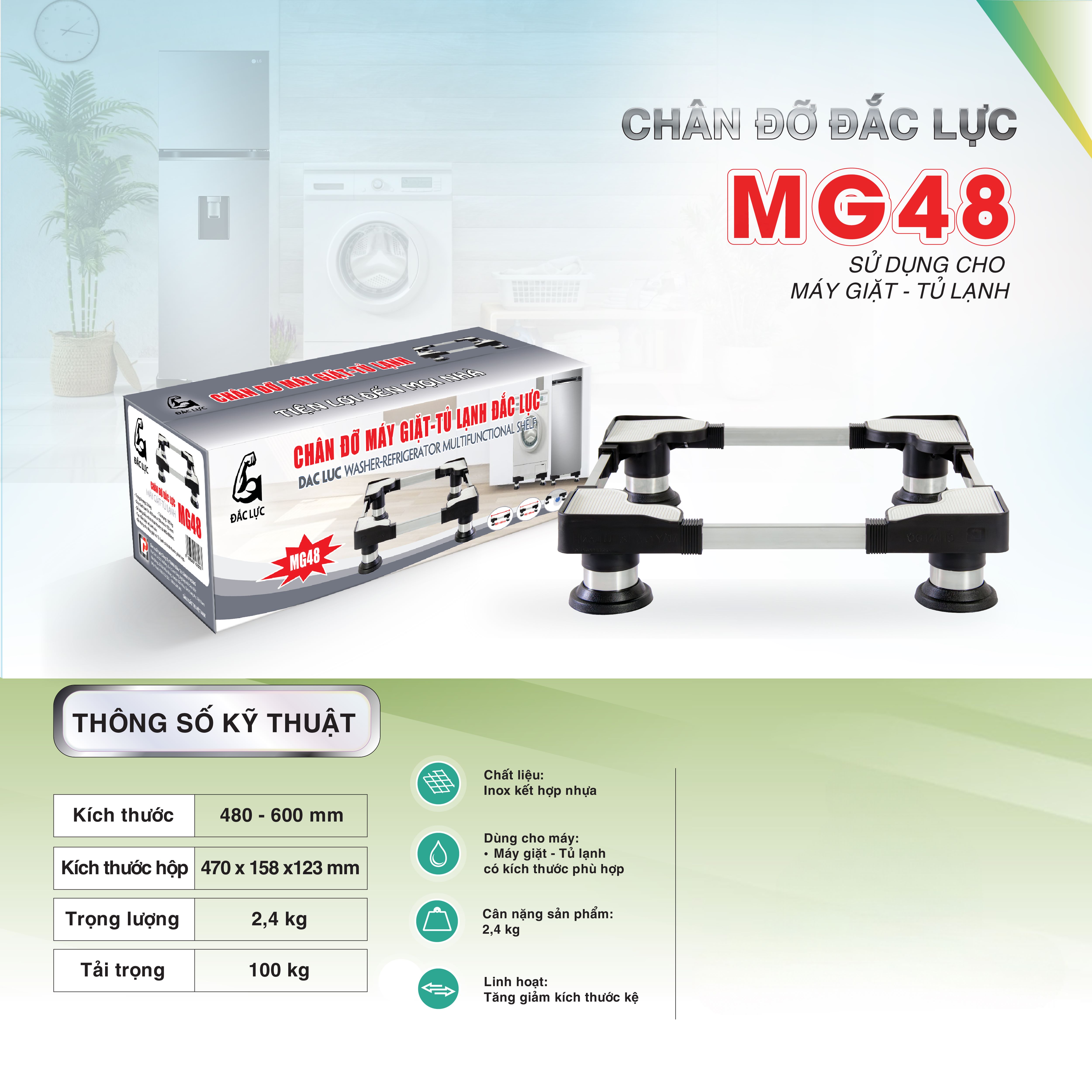 Chân đỡ đa năng tủ lạnh - máy giặt MG48, MG57 inox cao điều chỉnh kích thước từ 48cm - 77cm - Hàng Chính Hãng