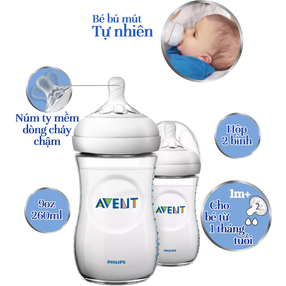 Bộ 2 Bình sữa mô phỏng tự nhiên hiệu Philips Avent (260ml) cho trẻ từ 1 tháng tuổi 693.23