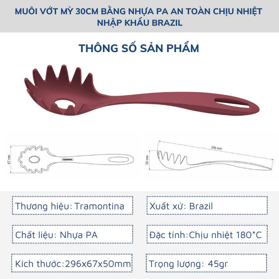 Muôi Vớt Mỳ Tramontina 30cm Bằng Nhựa PA An Toàn Cho Sức Khỏe Chịu Nhiệt Đến 180 Độ C Nhập Khẩu Brazil