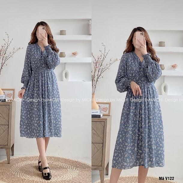Váy suông hoa nhí cổ V, chun eo, đầm xuông rộng tay dài bo tạo phồng 4 màu mã V122 - Michi's House
