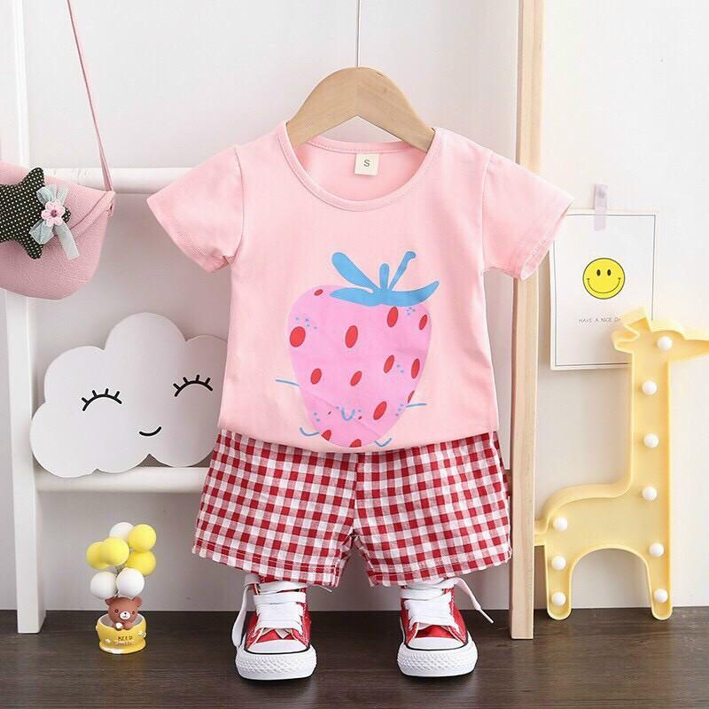 BỘ CỘC TAY COTON MÙA HÈ 2021 HOẠ TIẾT DÂU TÂY CHO BÉ GÁI TỪ 8KG-19kg Mã 337