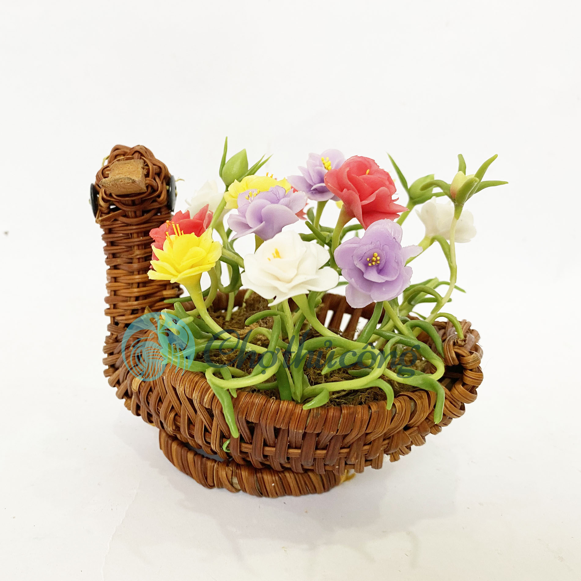 Giỏ hoa mười giờ đất sét mini Nhật Thái kết hợp Giỏ mây tre đan, rổ mây tự nhiên - chậu cây mini hoa handmade - chậu hoa giả để bàn, quà tặng handmade