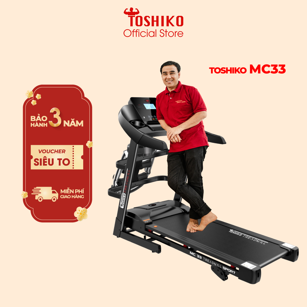 [Còn hàng] Máy chạy bộ đa năng tại nhà Toshiko MC33 PRO, chức năng nâng dốc tự động theo nhu cầu, kèm theo đai massage và thanh gập bụng, đồng hồ hiển thị thông số nhịp tim, calo tiêu thụ