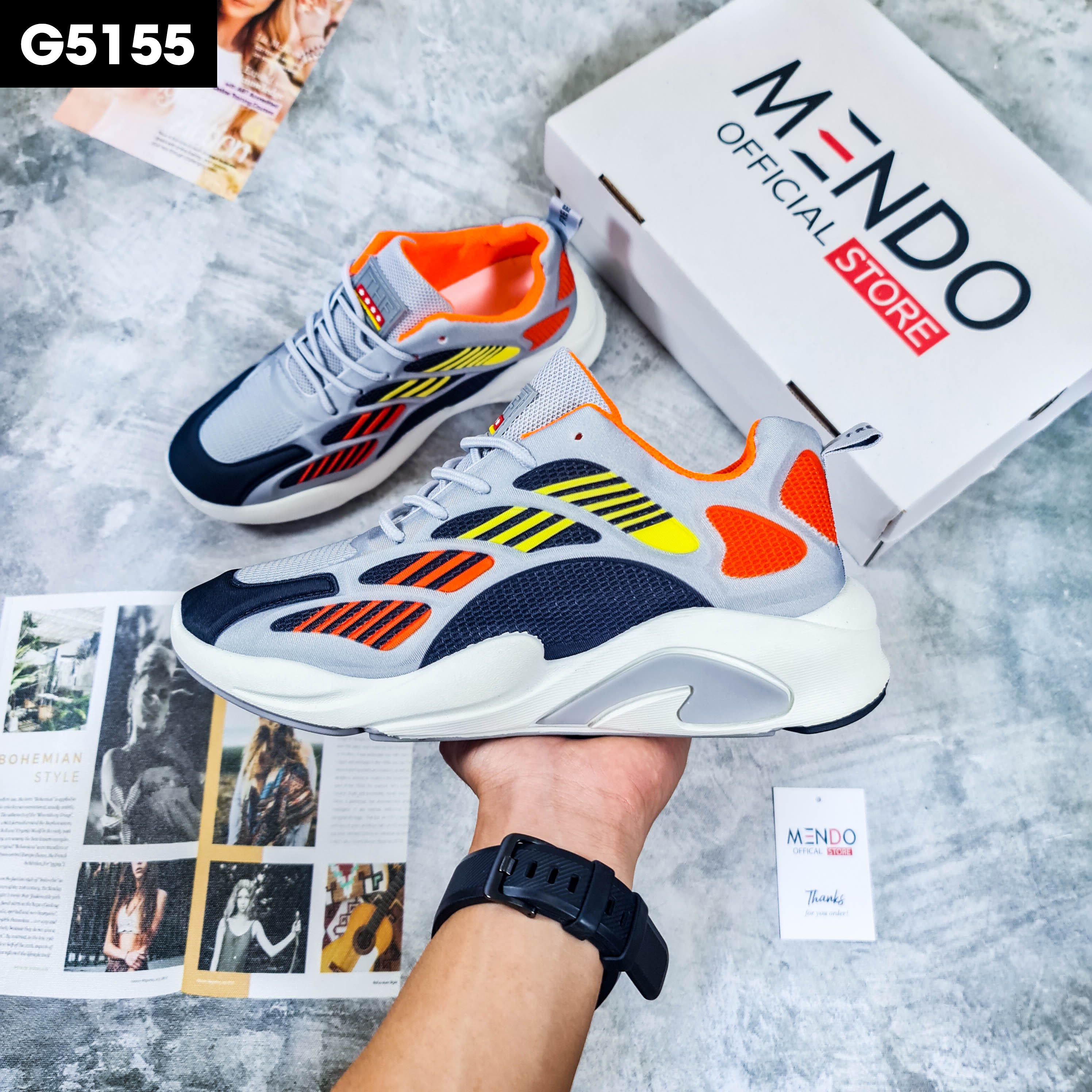 Giày Thể Thao Nam MENDO - Giày Sneaker Màu Đen Viền Xanh - Xám, Giày Thể Thao Đế Nhẹ, Vải Thoáng Khí - G5150