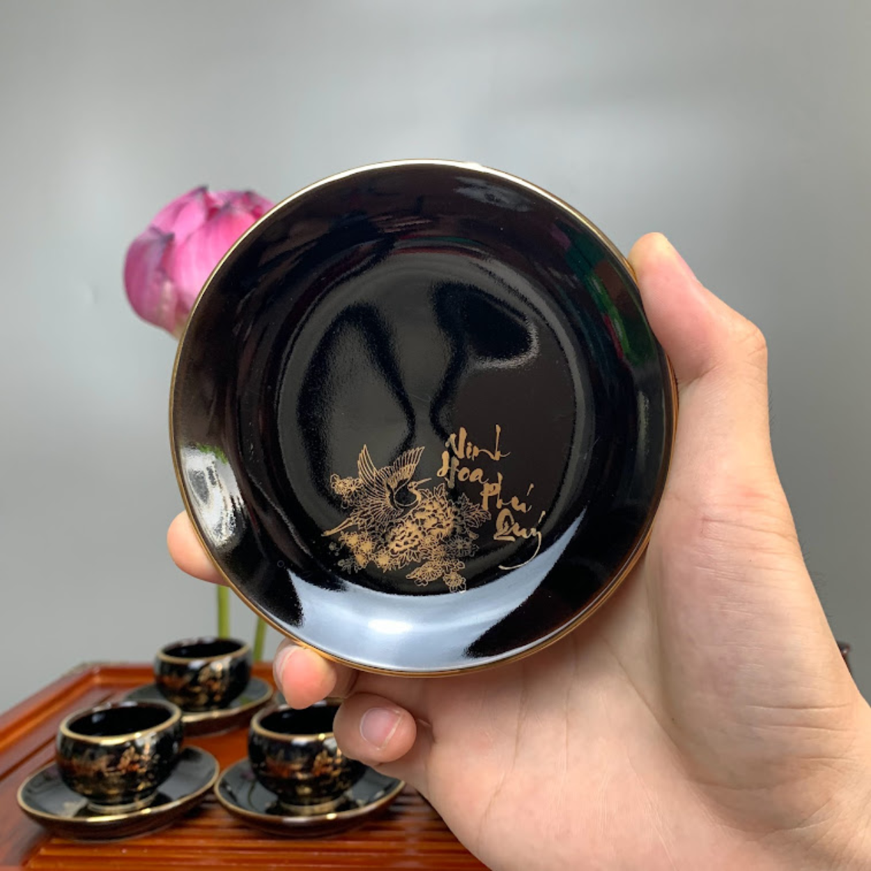Bộ ấm chén uống trà cao cấp , bộ ấm trà Bát Tràng - vinh hoa phú quý men đen bóng