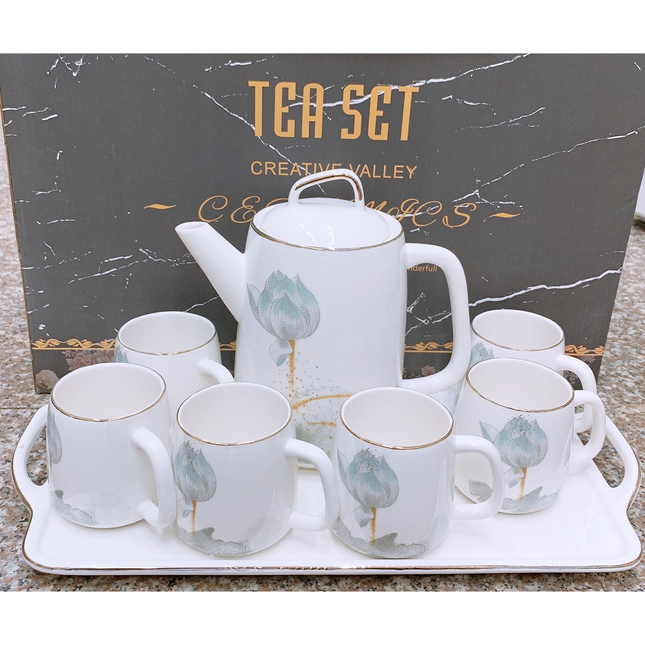 BỘ ẤM CHÉN KÈM KHAY SỨ TEA SET PHA TRÀ CÀ PHÊ TRẮNG HỌA TIẾT HOA SEN - ANTH243