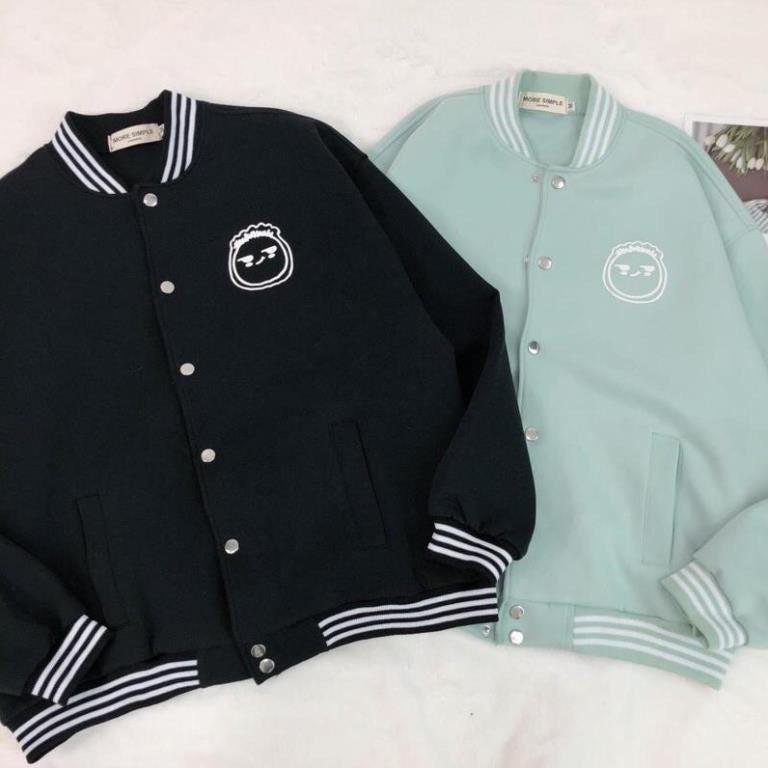 Áo Bomber Cardigan Nỉ Bông Bấm Cúc In Mặt Cười Form Rộng Unisex Nam Nữ Mặc Couple Ulzzang