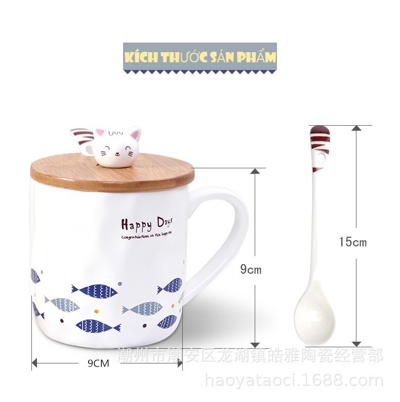 Ly sứ cao cấp kèm nắp sứ và muỗng sứ nắp hình mèo siêu Cute