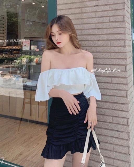 Sét áo nhún bèo 2 lớp trễ vai kèm chân váy nhún siêu xinh