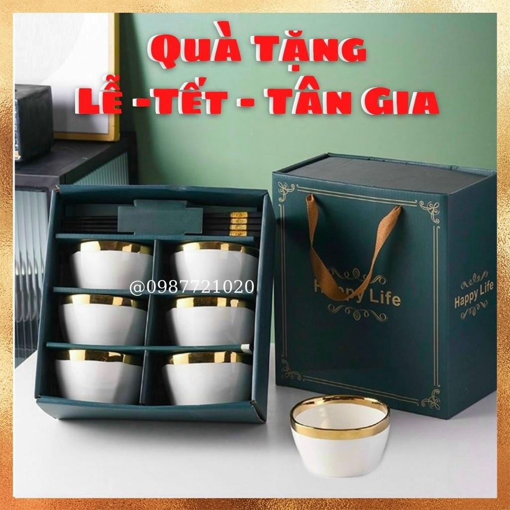 Bộ 6 Bát ăn cơm, chén ăn cơm sứ Viền Vàng hình trụ tặng kèm 6 đôi đũa - Quà tặng tân gia