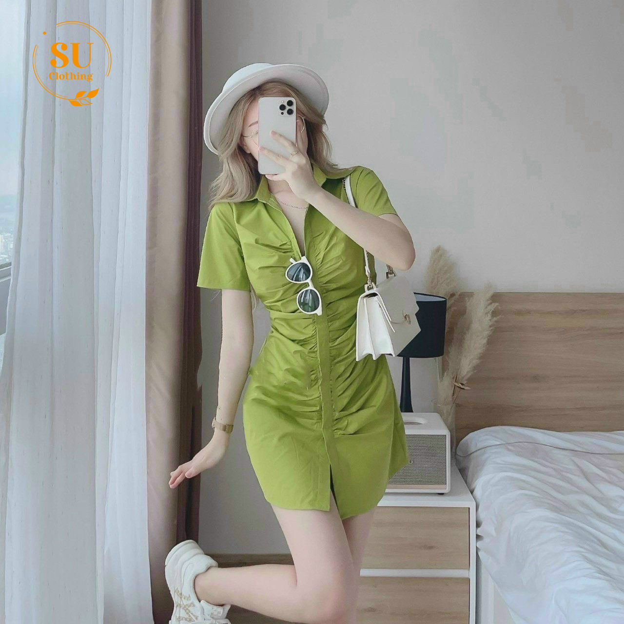 Đầm sơ mi form dài nhún gài nút Su Clothing Freesize &lt; 53kg