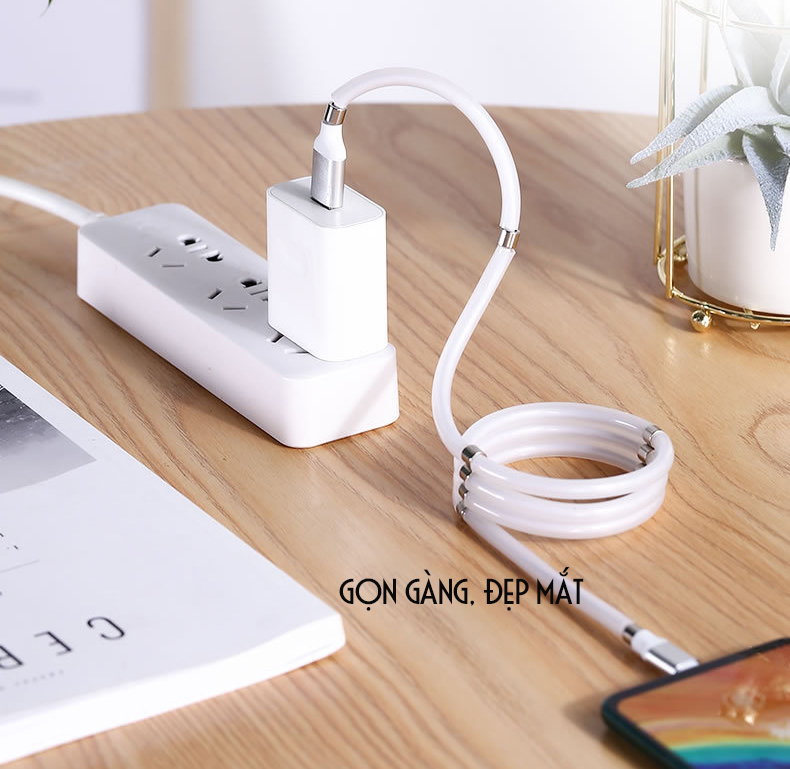 Dây cáp sạc chống rối, tự động thu gọn cho Iphone, Type C, Micro USB, có nam châm - Màu ngẫu nhiên