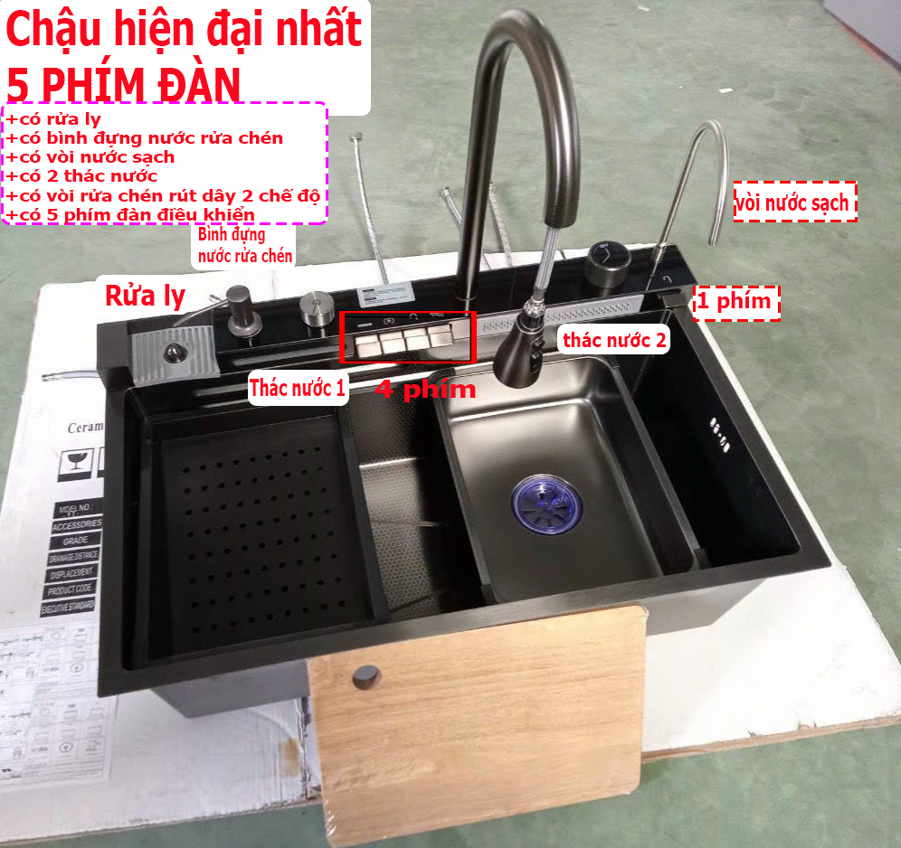 Chậu rửa thác nước 5 phím đàn hiển thị nhiệt độ phiên bản cao cấp nhất ,vòi nguyên khối kết hợp rửa ly ,vòi nước lọc chậu đúc SUS inox 304 dày