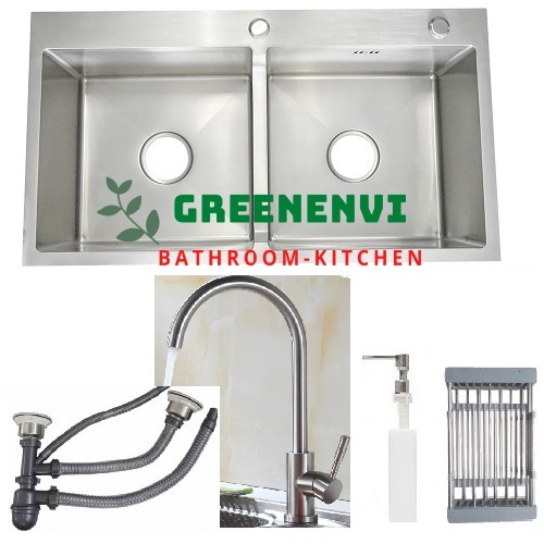 Combo chậu rửa chén bát inox GRENENVI SUS304 hai hố cân 8245, vòi rửa bát cổ ngỗng nóng lạnh kèm dây cấp, bộ xả chậu, bình xà phòng, rá inox gác chậu
