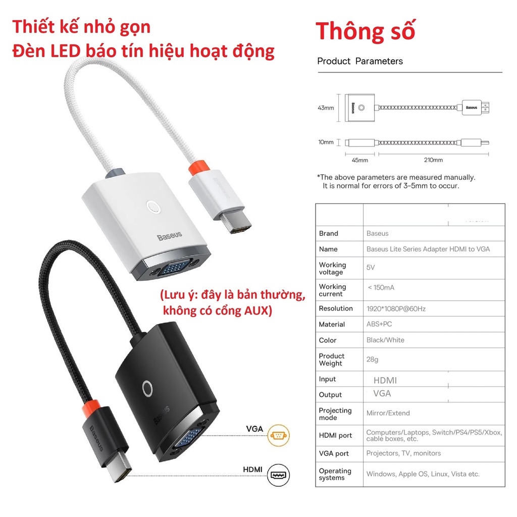 [ HDMI male-VGA female ] Đầu chuyển HDMI ra VGA 1080P Baseus Lite Series BS-OH010 -Hàng chính hãng