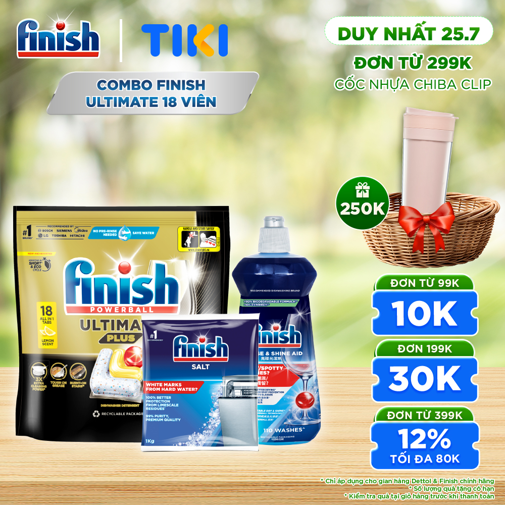 Combo Finish: Viên rửa chén Ultimate 18 viên + Nước làm bóng 500ml + Muối rửa chén 1kg