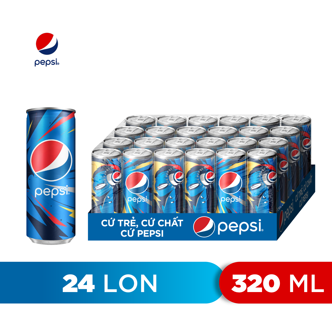 Thùng 24 Lon Nước Ngọt Có Gaz Pepsi lon xanh (320ml/lon)